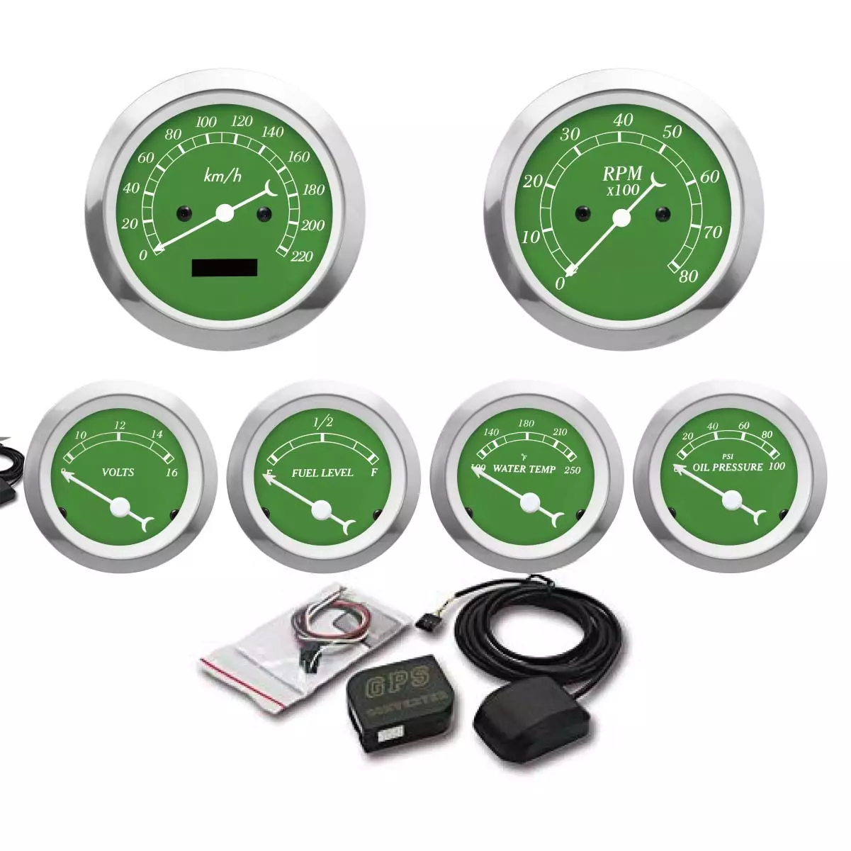 MOTOR METER RACING Digital Odometer Green Dial Dashboard 6 Gauge Set GPS Electrical Speedometer/Tachometer/Fuel Level/Voltmeter/Water Temp/Oil Pressure