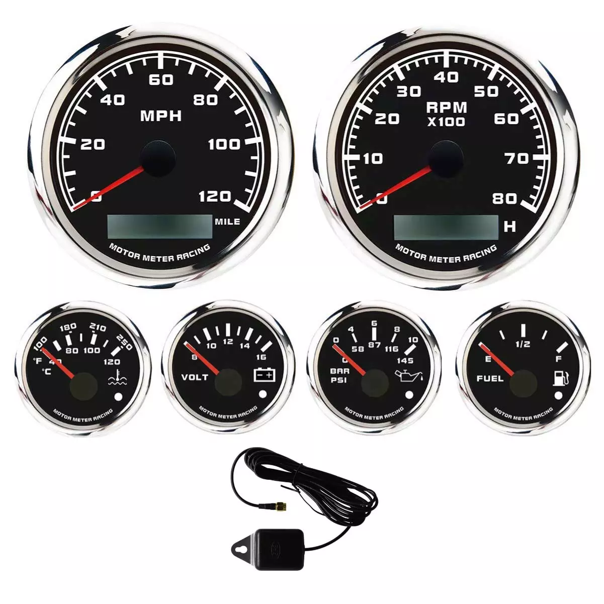MOTOR METER RACING W Pro Series 6 Gauge Set with GPS Speedometer Programmable Waterproof Black Dial All Sensors Included